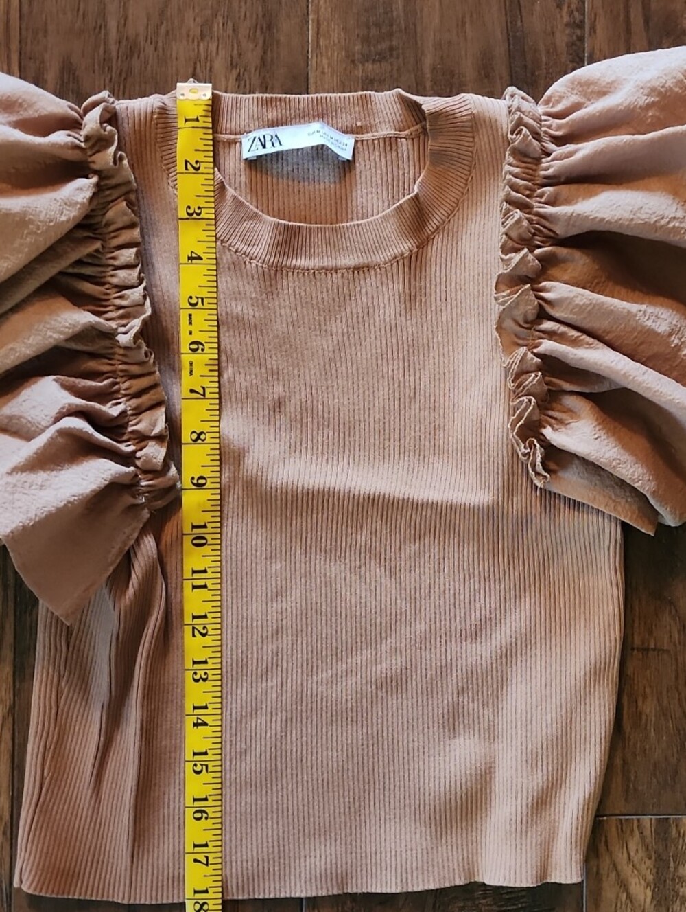ZARA Tan Ribbed Top with Statement Puff Sleeves